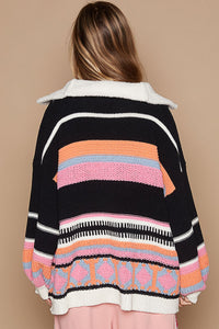 POL High Collar Half Zip Mixed Print Sweater in Black Multi ON ORDER