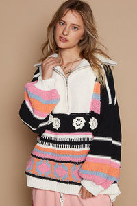 POL High Collar Half Zip Mixed Print Sweater in Black Multi ON ORDER