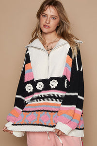 POL High Collar Half Zip Mixed Print Sweater in Black Multi ON ORDER