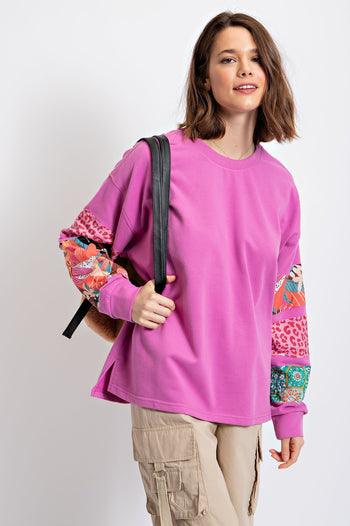 Easel Terry Knit Top with Mixed Print Sleeves in Orchid Shirts & Tops Easel   