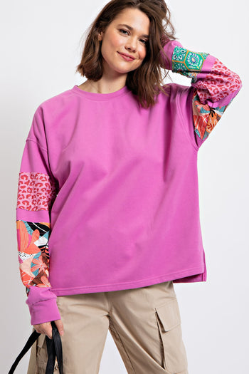 Easel Terry Knit Top with Mixed Print Sleeves in Orchid Shirts & Tops Easel   