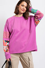 Load image into Gallery viewer, Easel Terry Knit Top with Mixed Print Sleeves in Orchid Shirts &amp; Tops Easel   
