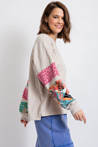 Easel Terry Knit Top with Mixed Print Sleeves in Stone Shirts & Tops Easel   