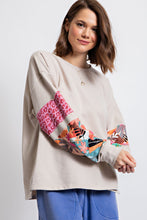 Load image into Gallery viewer, Easel Terry Knit Top with Mixed Print Sleeves in Stone Shirts &amp; Tops Easel   

