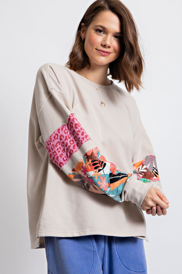 Easel Terry Knit Top with Mixed Print Sleeves in Stone Shirts & Tops Easel   