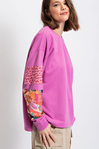Easel Terry Knit Top with Mixed Print Sleeves in Orchid Shirts & Tops Easel   