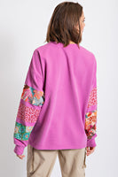 Easel Terry Knit Top with Mixed Print Sleeves in Orchid Shirts & Tops Easel   