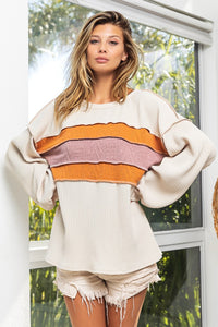 BiBi Cable Knit Color Block Top in Ivory