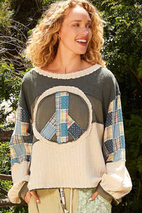 POL Long Sleeve Peace Emblem Top in Vintage Moss