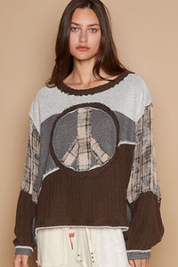 POL Long Sleeve Peace Emblem Top in Heather Charcoal