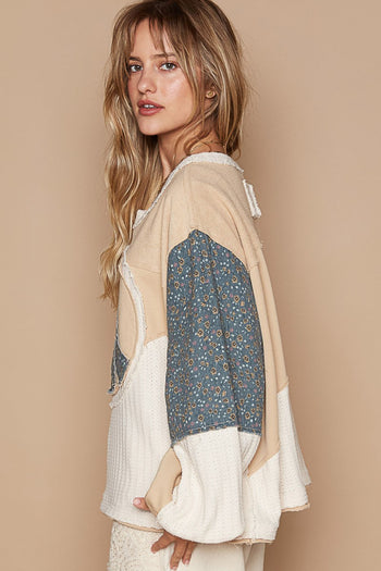 POL Long Sleeve Peace Emblem Top in Toasted Almond