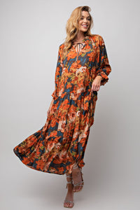 Easel Floral Printed Dress in Teal Brown ON ORDER EARLY NOVEMBER Dresses Easel   