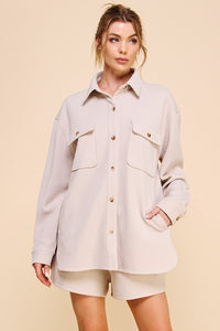 Allie Rose Solid Color Jacquard Knit Shacket in Pastel Sand Shacket Allie Rose   