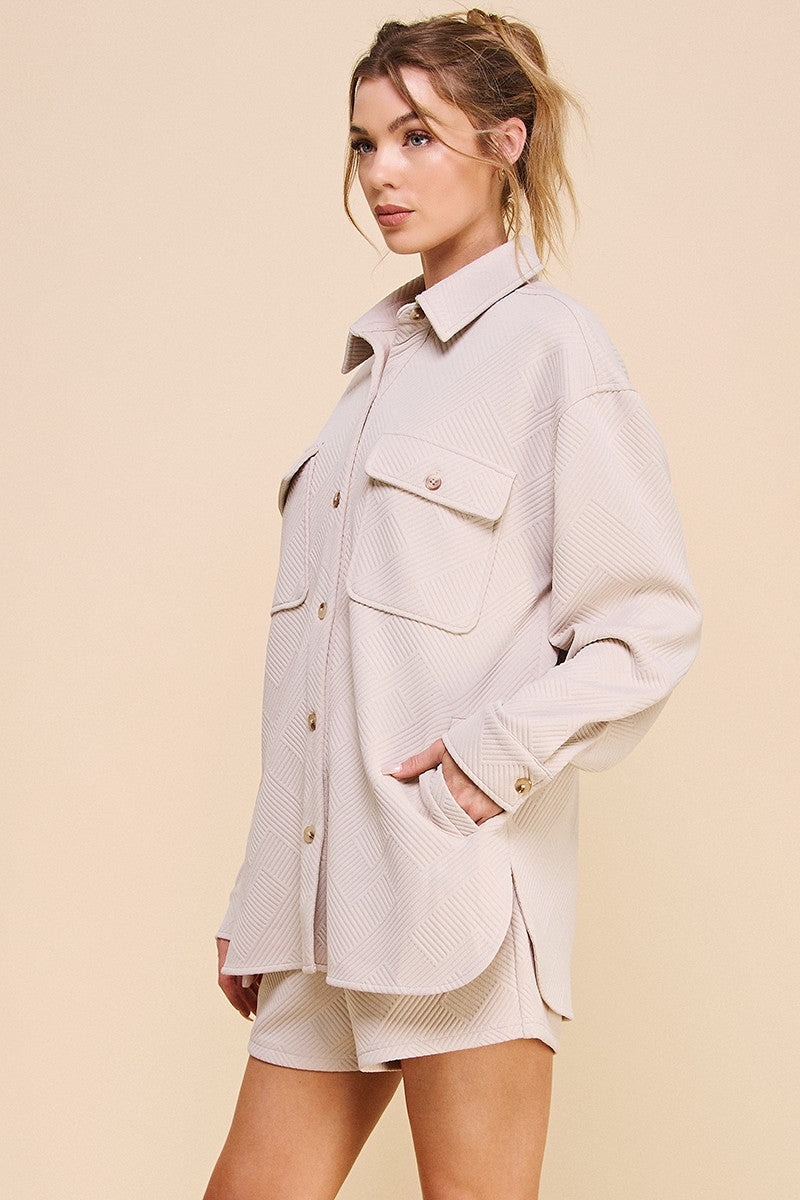 Allie Rose Solid Color Jacquard Knit Shacket in Pastel Sand – June Adel