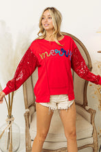 Load image into Gallery viewer, BiBi Metallic Tinsel MERRY Lettered Front with Sequin Sleeves Top in Red
