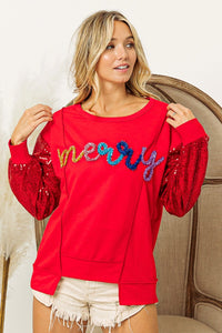 BiBi Metallic Tinsel MERRY Lettered Front with Sequin Sleeves Top in Red