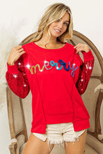 Load image into Gallery viewer, BiBi Metallic Tinsel MERRY Lettered Front with Sequin Sleeves Top in Red
