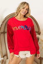 Load image into Gallery viewer, BiBi Metallic Tinsel MERRY Lettered Front with Sequin Sleeves Top in Red
