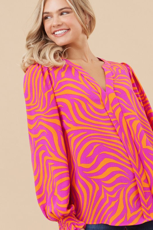 Jodifl Zebra Print Long Poet Sleeves Top in Hot Pink/ Orange Shirts & Tops Jodifl   
