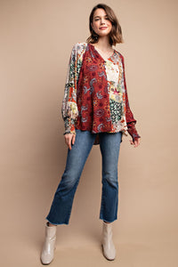 GiGiO Mixed Print Faux Button Front Top in Marsala