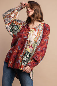 GiGiO Mixed Print Faux Button Front Top in Marsala