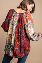 Load image into Gallery viewer, GiGiO Mixed Print Faux Button Front Top in Marsala
