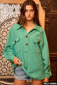 BucketList Solid Color French Terry Oversized Top in Kelly Green Shirts & Tops Bucketlist   