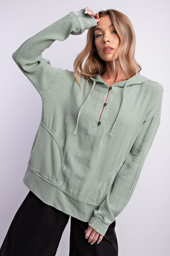 Easel Mineral Washed Cotton Gauze Hoodie in Faded Sage Shirts & Tops Easel   