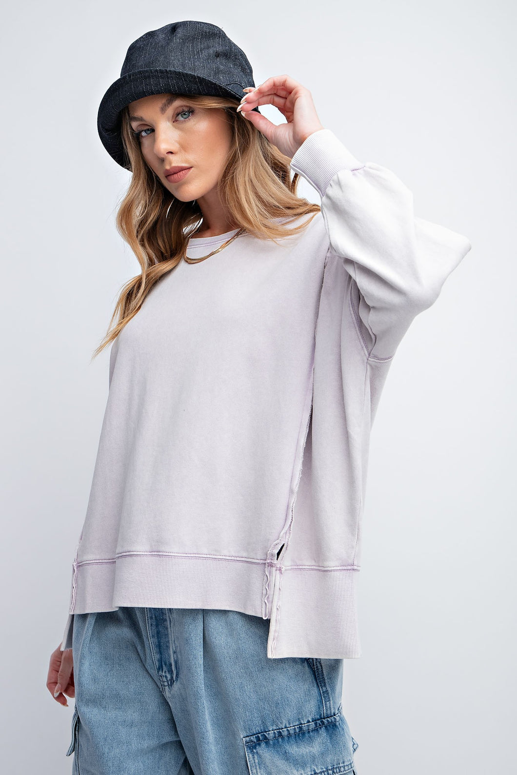 Easel Mineral Washed Pullover Top in Lavender Shirts & Tops Easel   