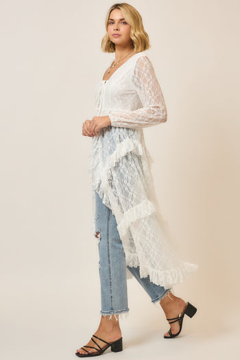 Cozy Co. Tiered Ruffled Lace Duster in Off White