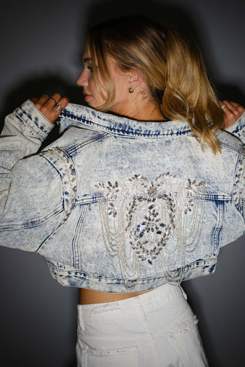 Blue B Acid Washed Denim CROPPED Jacket with Stone and Bead Embellishments in Light Wash