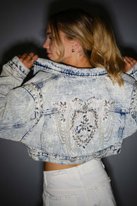 Blue B Acid Washed Denim CROPPED Jacket with Stone and Bead Embellishments in Light Wash