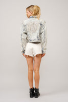 Blue B Acid Washed Denim CROPPED Jacket with Stone and Bead Embellishments in Light Wash