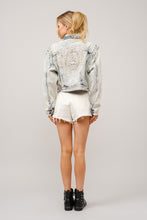 Load image into Gallery viewer, Blue B Acid Washed Denim CROPPED Jacket with Stone and Bead Embellishments in Light Wash
