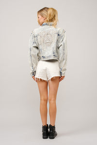 Blue B Acid Washed Denim CROPPED Jacket with Stone and Bead Embellishments in Light Wash