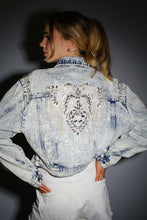 Load image into Gallery viewer, Blue B Acid Washed Denim CROPPED Jacket with Stone and Bead Embellishments in Light Wash
