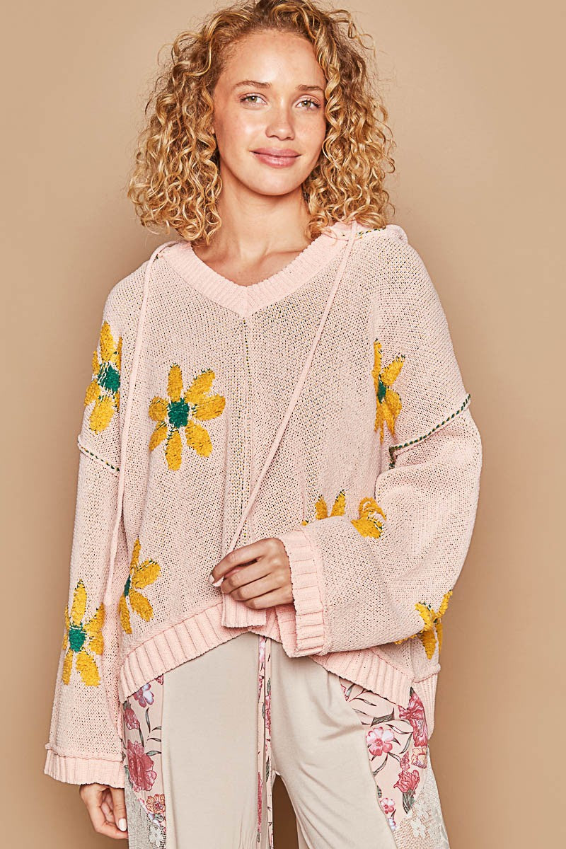 POL Hooded Chenille Sweater with Berber Flower Pattern in Pink Mojito