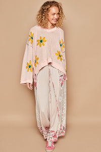 POL Hooded Chenille Sweater with Berber Flower Pattern in Pink Mojito