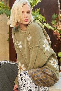 POL Hooded Chenille Sweater with Berber Flower Pattern in Basil ON ORDER