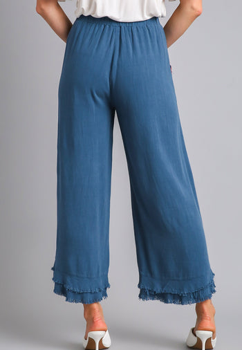 Umgee Embroidery Elastic Waistband Pants in Slate Blue