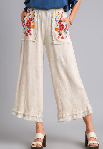 Umgee Embroidery Elastic Waistband Pants in Oatmeal