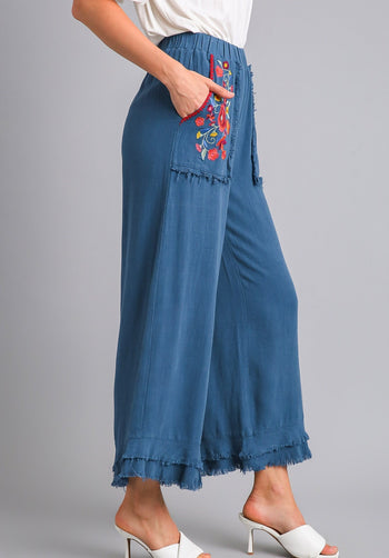 Umgee Embroidery Elastic Waistband Pants in Slate Blue