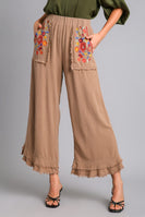 Umgee Embroidery Elastic Waistband Pants in Latte