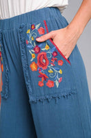 Umgee Embroidery Elastic Waistband Pants in Slate Blue
