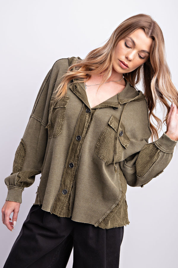 Easel Thermal Button Down Hooded Jacket in Olive Shirts & Tops Easel   