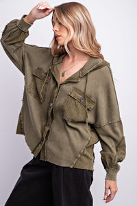 Easel Thermal Button Down Hooded Jacket in Olive Shirts & Tops Easel   