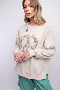 Easel Printed Floral Peace Sign Top in Ecru Shirts & Tops Easel   