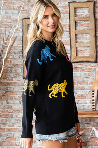 First Love Multicolored Animal Pattern Knitted Sweater in Black Shirts & Tops First Love   