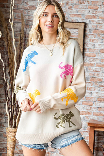 First Love Multicolored Animal Pattern Knitted Sweater in Natural Shirts & Tops First Love   