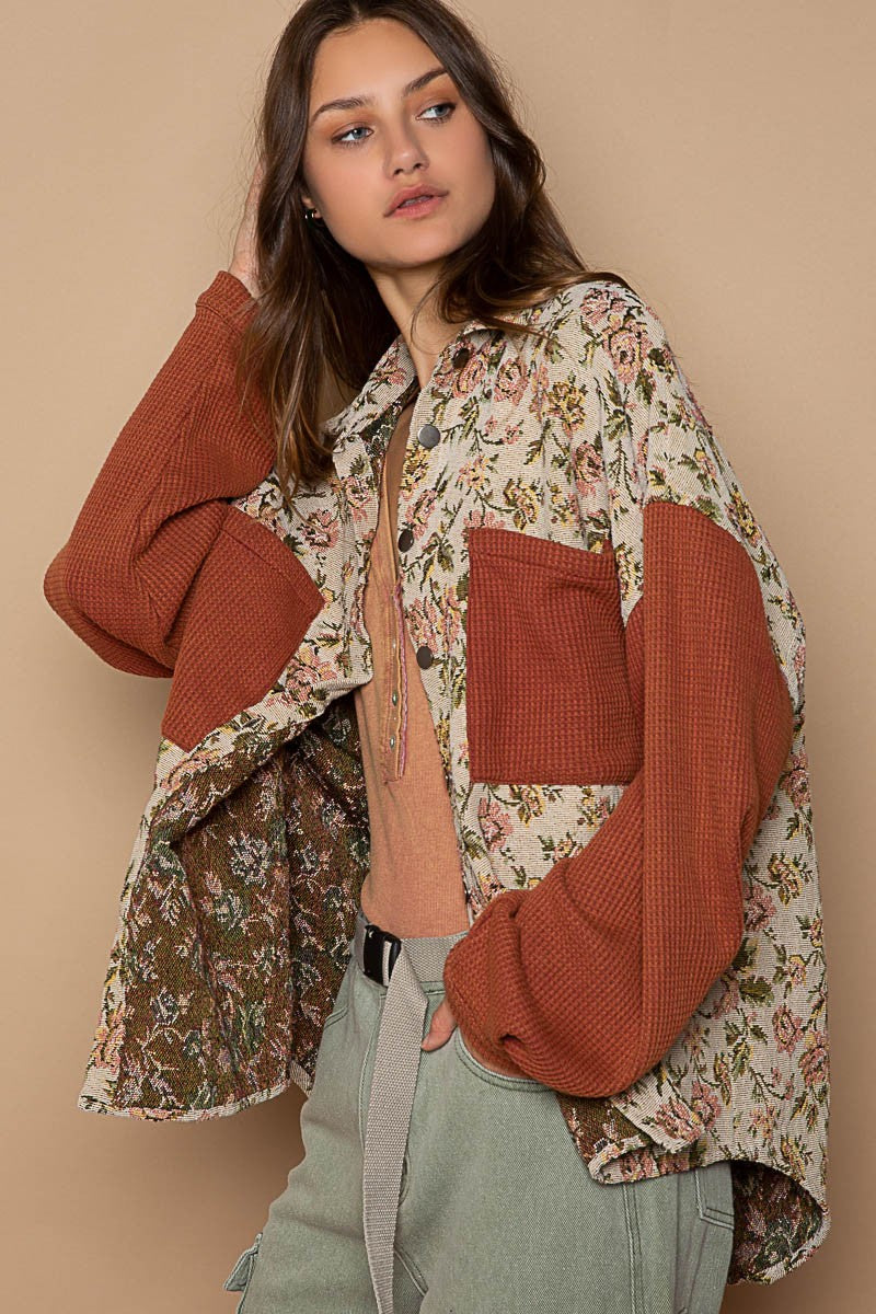 POL Button Down Floral Jacquard Shirt in Sand/Brick – June Adel